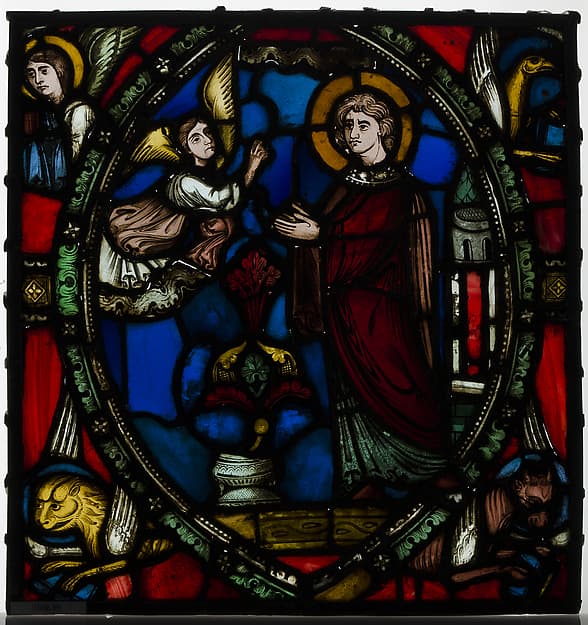 Artwork of Stained glass fragment with an Angel Appearing to a Deacon Saint with the Symbols of the Four Evangelists