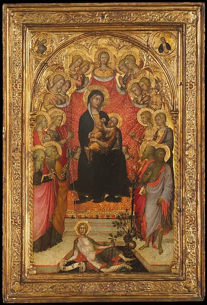 Artwork of Madonna and Child Enthroned with Saint John the Evangelist, Saint Peter, Saint Agnes, Saint Catherine of Alexandria, Saint Lucy, an Unidentified Female Saint, Saint Paul, and Saint John the Baptist, with Eve and the Serpent; the Annunciation